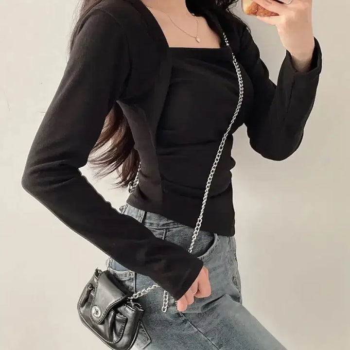 [BUNJANG] Square Neck Shirring Bolero T-shirt / 에이블리 스퀘어넥 셔링 볼레로 티셔츠