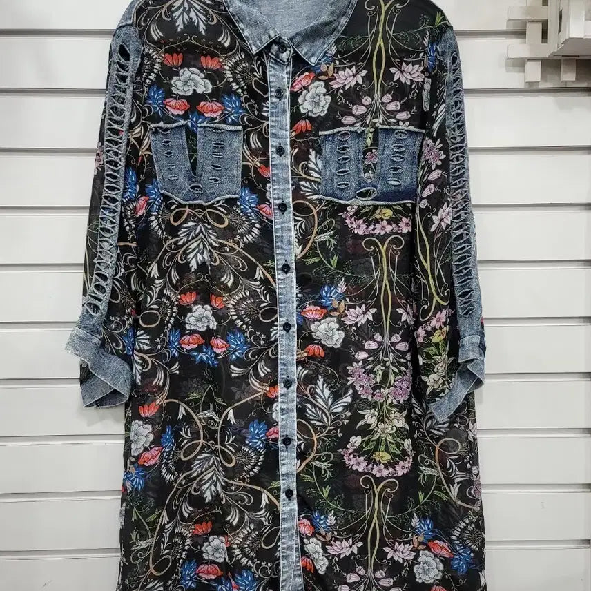 [BUNJANG] Long Shirt with Mix Pattern and Denim Material / 