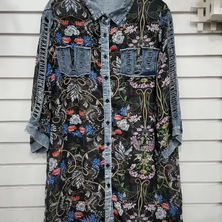 [BUNJANG] Long Shirt with Mix Pattern and Denim Material / 