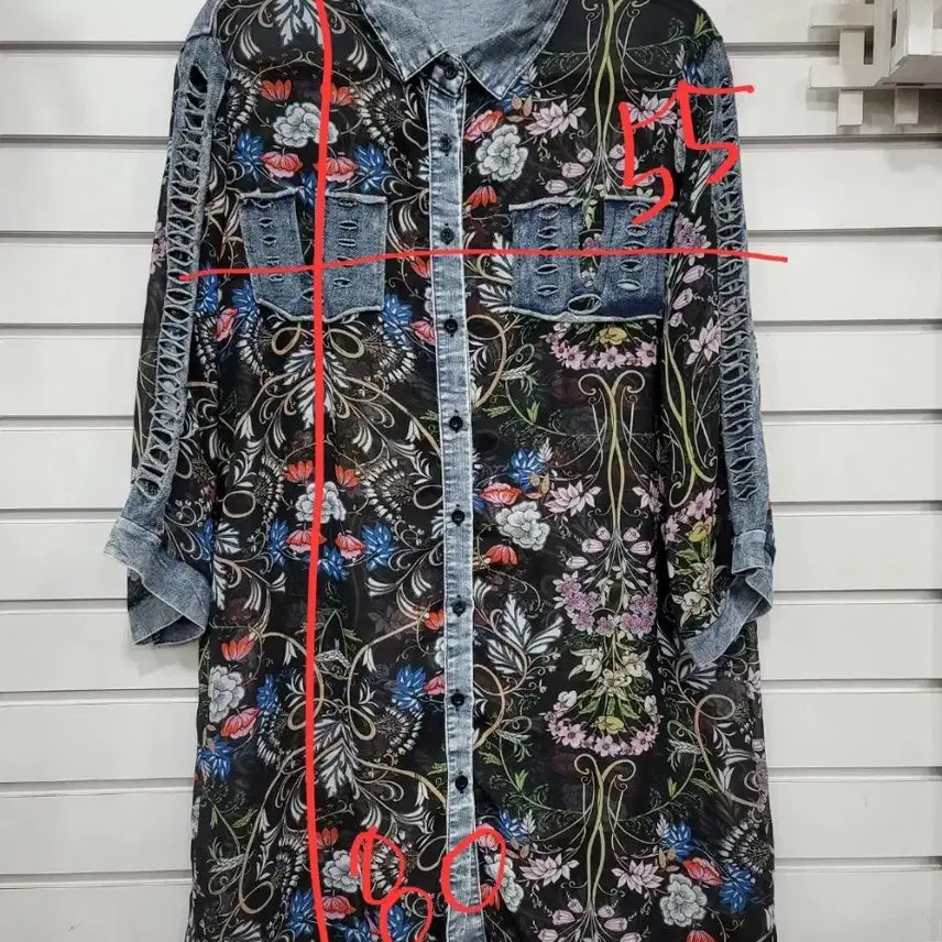 [BUNJANG] Long Shirt with Mix Pattern and Denim Material / 