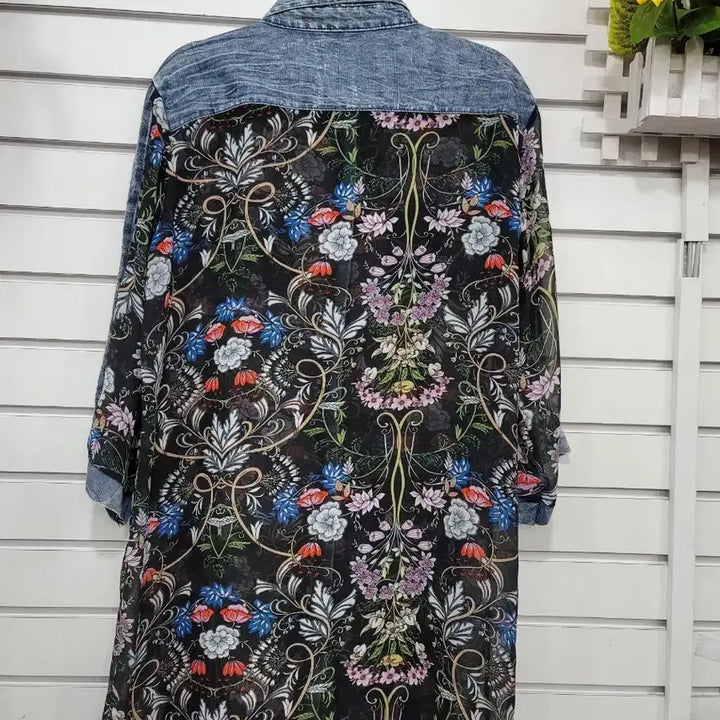 [BUNJANG] Long Shirt with Mix Pattern and Denim Material / 
