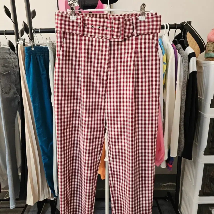 [BUNJANG] Red Check Belt Wide Pants / 레드 체크 벨트 와이드 팬츠