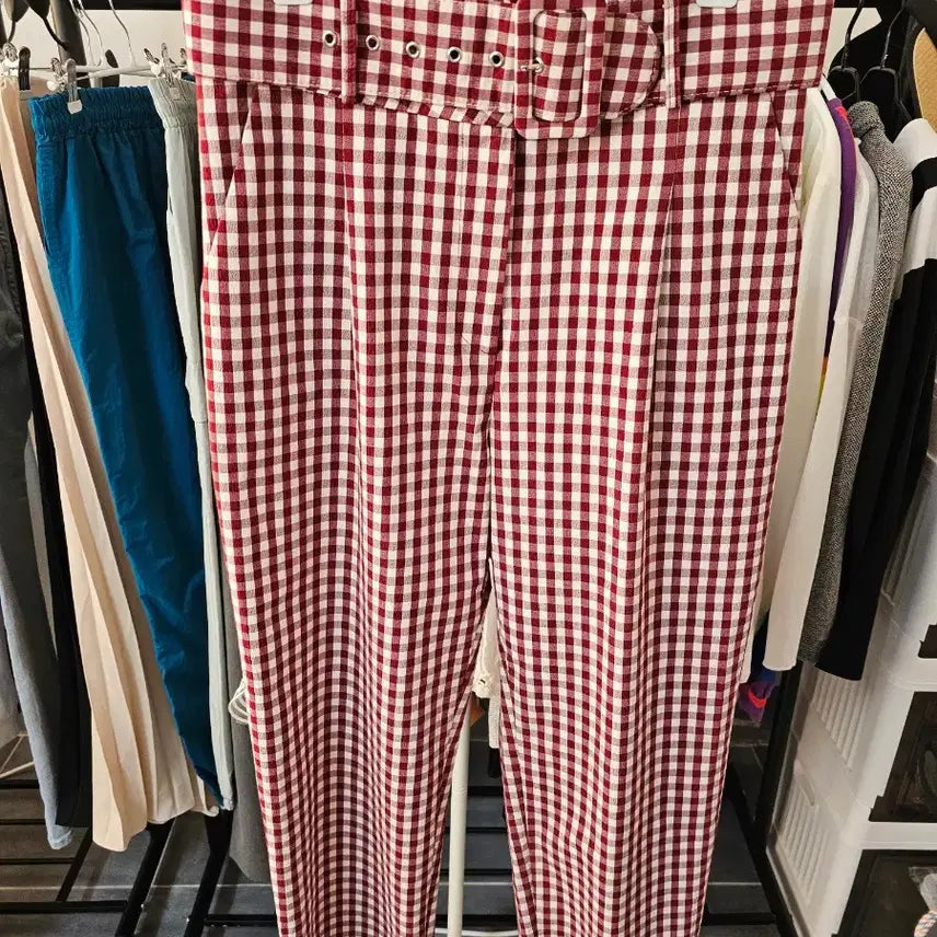 [BUNJANG] Red Check Belt Wide Pants / 레드 체크 벨트 와이드 팬츠