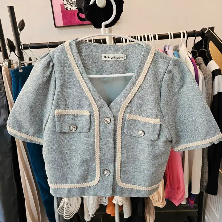 [BUNJANG] Tweed Short Sleeve Jacket and Cropped Skirt Set / 트위드 반팔 자켓 블루 크롭 기장 스커트 세트