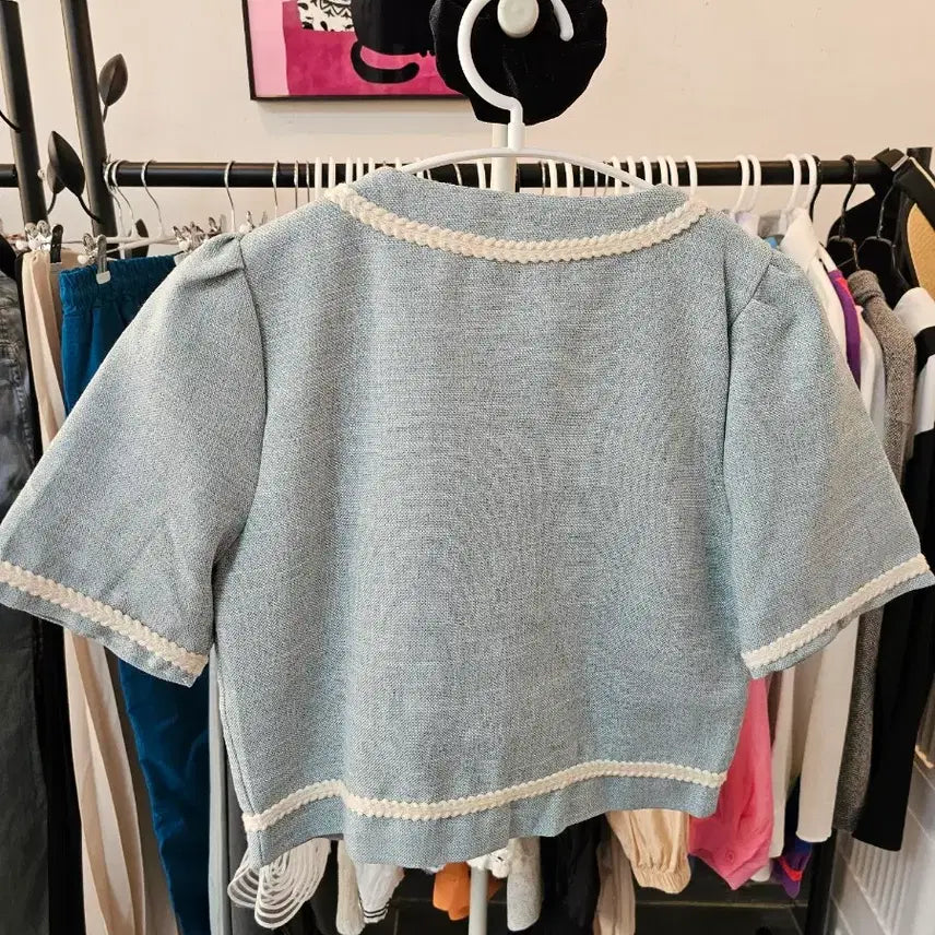 [BUNJANG] Tweed Short Sleeve Jacket and Cropped Skirt Set / 트위드 반팔 자켓 블루 크롭 기장 스커트 세트
