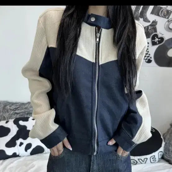 [BUNJANG] KIMISS Quilting Mix Denim Mandarin Collar Jacket / 키미스 퀄팅 믹스 데님 니트 차이나 자켓