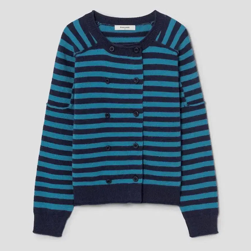 [BUNJANG] 8 Seconds Double Button Stripe Cardigan Blue / 에잇세컨즈 더블버튼 가디건 스트라이프 블루 무신사