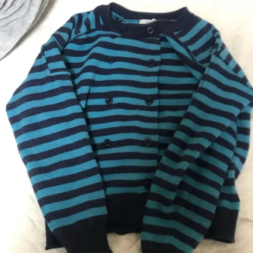 [BUNJANG] 8 Seconds Double Button Stripe Cardigan Blue / 에잇세컨즈 더블버튼 가디건 스트라이프 블루 무신사