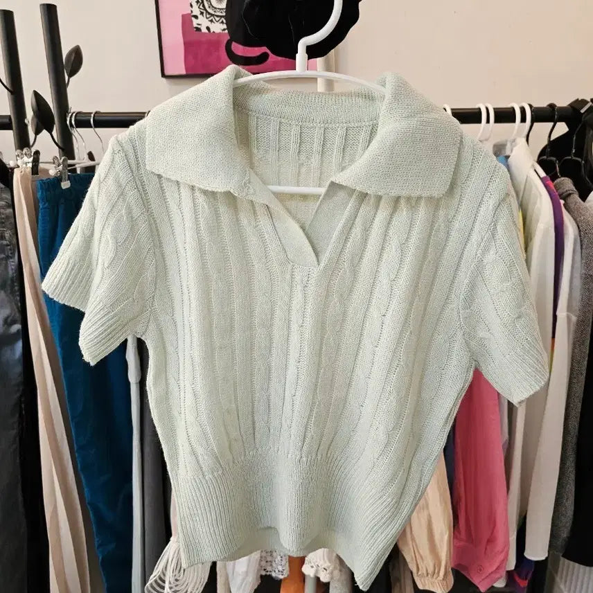 [BUNJANG] Mint Cable Knit Short Sleeve Polo T-Shirt / 민트색 카라넥 케이블 니트 반팔티