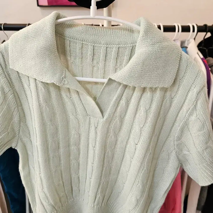 [BUNJANG] Mint Cable Knit Short Sleeve Polo T-Shirt / 민트색 카라넥 케이블 니트 반팔티