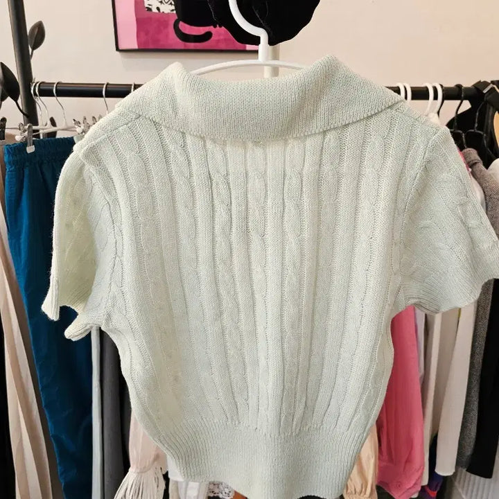 [BUNJANG] Mint Cable Knit Short Sleeve Polo T-Shirt / 민트색 카라넥 케이블 니트 반팔티