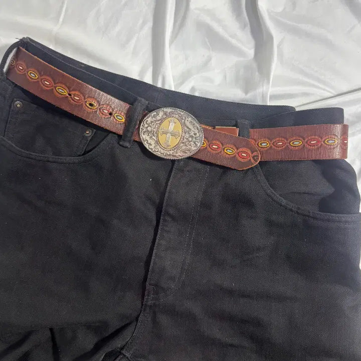 [BUNJANG] Vintage Western Cross Buckle Leather Belt / 빈티지 웨스턴 크로스 버클 레더 벨트