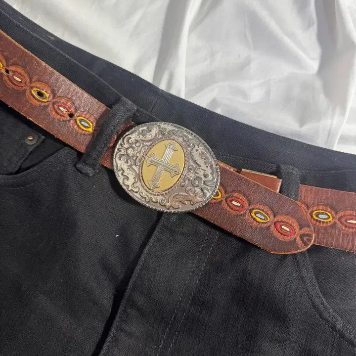 [BUNJANG] Vintage Western Cross Buckle Leather Belt / 빈티지 웨스턴 크로스 버클 레더 벨트