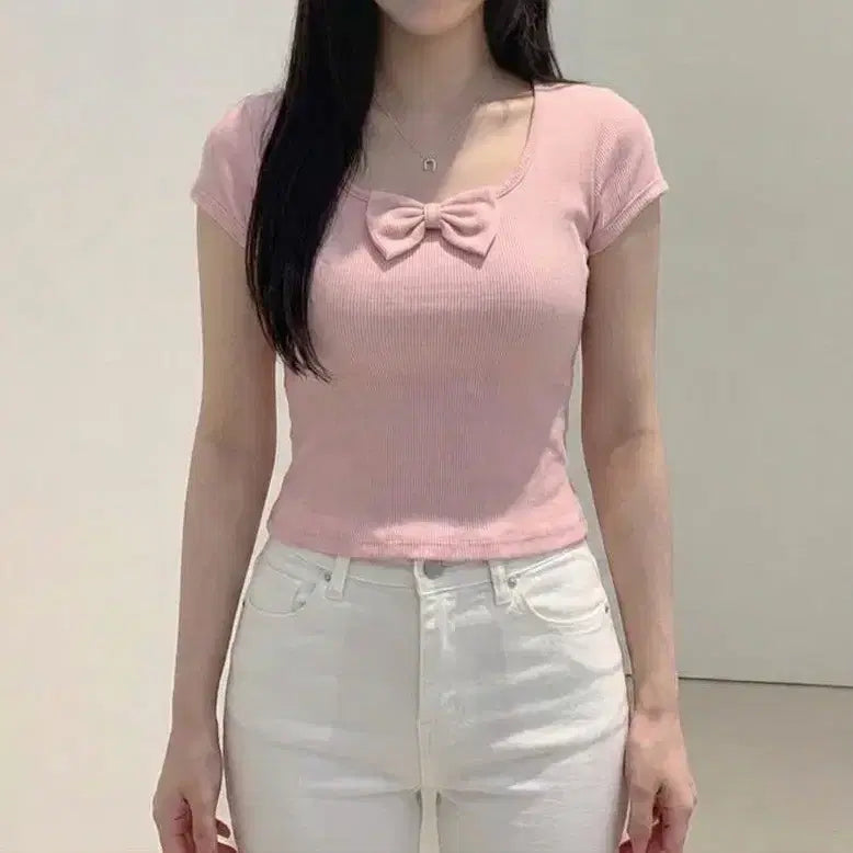 [BUNJANG] MERRYNA Ribbon Short Sleeve T-shirt / (러블리/여성스러움) 리본 무지 티 2color
