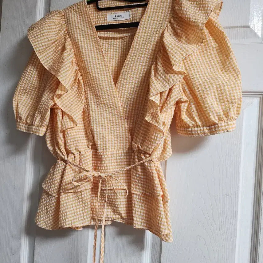 [BUNJANG] A some Gingham Check Wrap Blouse Yellow / A some 깅엄체크 랩 블라우스 옐로우