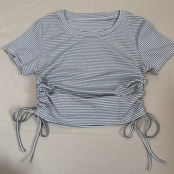 [BUNJANG] Striped Shirring Short Sleeve T-Shirt / 새상품 스트라이프 셔링 반팔 티셔츠