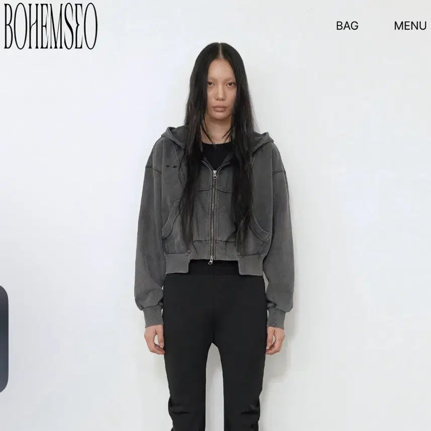 [BUNJANG] Bohemian Seoul Washed Crop Hoodie Zip-Up / 보헤미안서울 워싱 크롭 후드집업