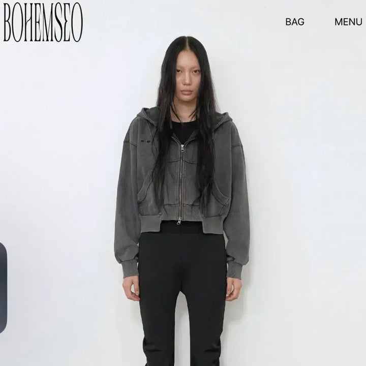 [BUNJANG] Bohemian Seoul Washed Crop Hoodie Zip-Up / 보헤미안서울 워싱 크롭 후드집업