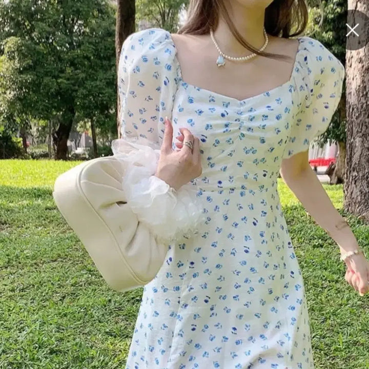 [BUNJANG] Floral Puff Sleeve Dress Set / 새상품 잔꽃무늬 플라워 퍼프소매 원피스 2장 세트