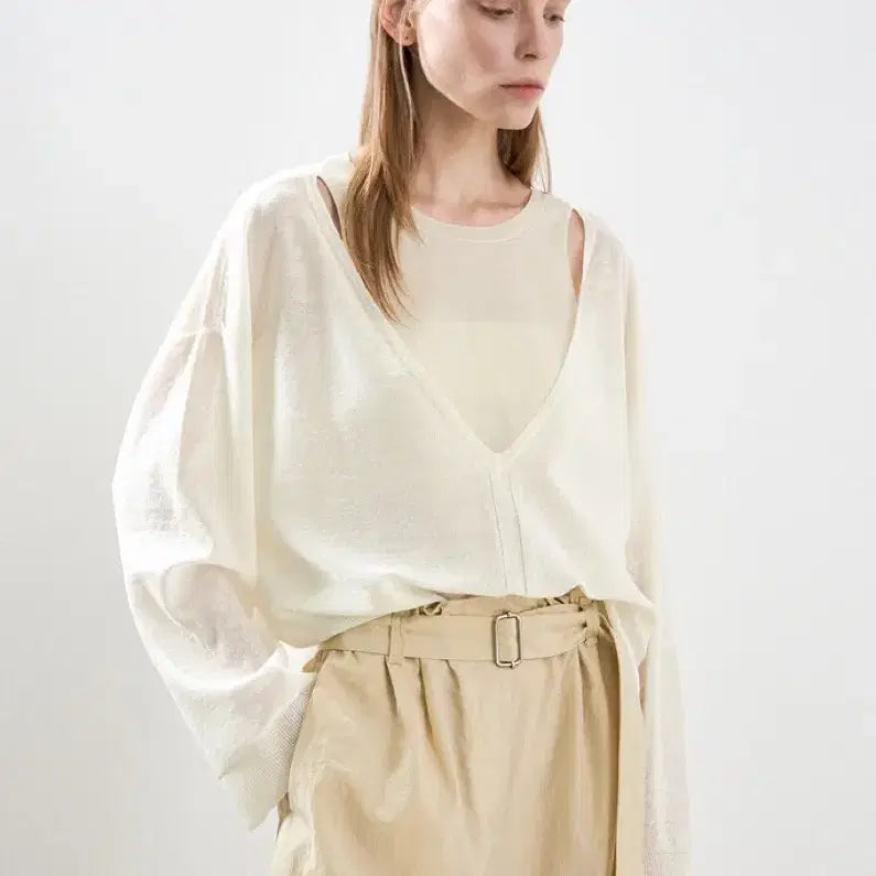 [BUNJANG] System Linen Blend Layered Knit Top Cream / 시스템 린넨 블렌드 레이어드 니트 탑