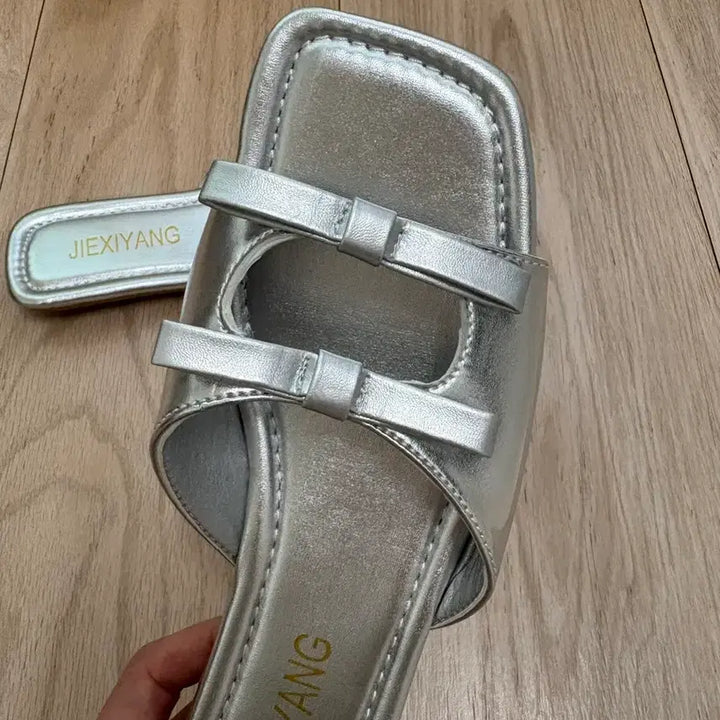 [BUNJANG] Double Ribbon Slippers (Silver, Size 235) / 더블 리본 슬리퍼235
