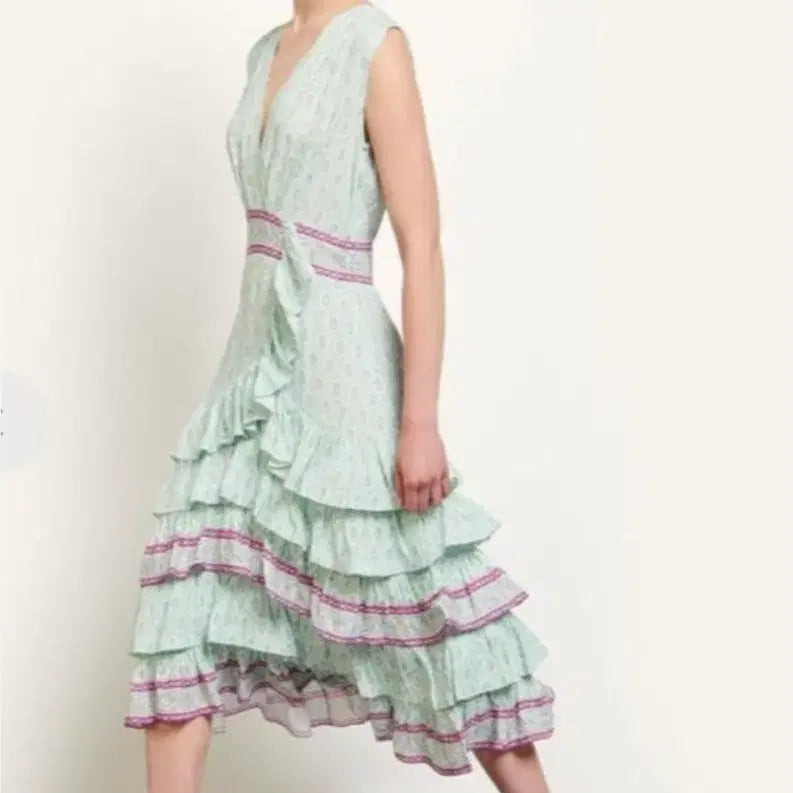 [BUNJANG] Mint Pattern Frill Wrap Long Dress - New Arrival / 민트 패턴 프릴 랩 롱 원피스. 새상품