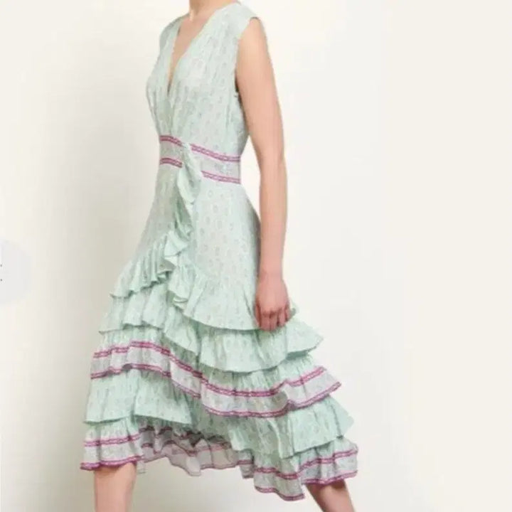 [BUNJANG] Mint Pattern Frill Wrap Long Dress - New Arrival / 민트 패턴 프릴 랩 롱 원피스. 새상품