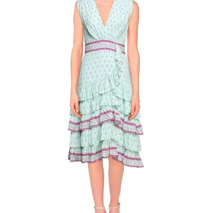 [BUNJANG] Mint Pattern Frill Wrap Long Dress - New Arrival / 민트 패턴 프릴 랩 롱 원피스. 새상품