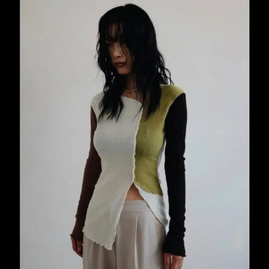 [BUNJANG] Colorblock Ribbed T-Shirt / 제니 착용 배색 골지 티셔츠