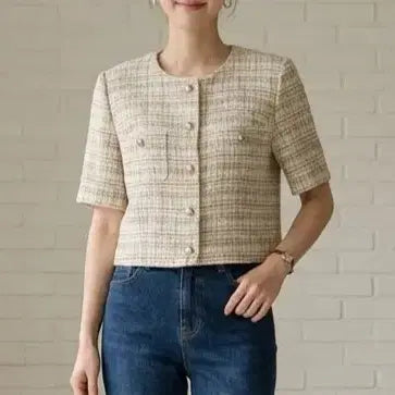 [BUNJANG] KENNETH LADY Round Neck Short Sleeve Check Tweed Jacket / [66]케네스레이디 라운드넥 반팔 체크 트위드 자켓