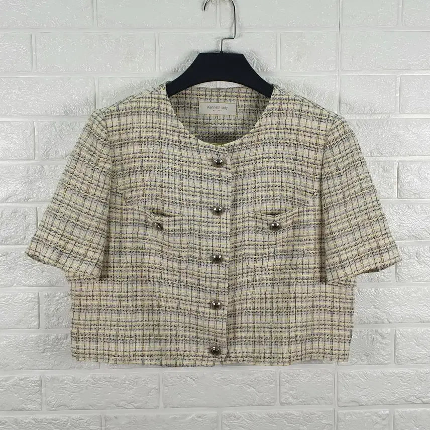 [BUNJANG] KENNETH LADY Round Neck Short Sleeve Check Tweed Jacket / [66]케네스레이디 라운드넥 반팔 체크 트위드 자켓