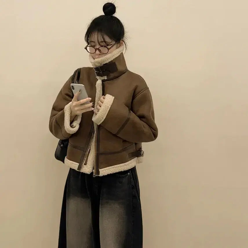 [BUNJANG] Suede Cropped Buckle High Neck Mustang Jacket / 스웨이드 크롭버클 하이넥 무스탕