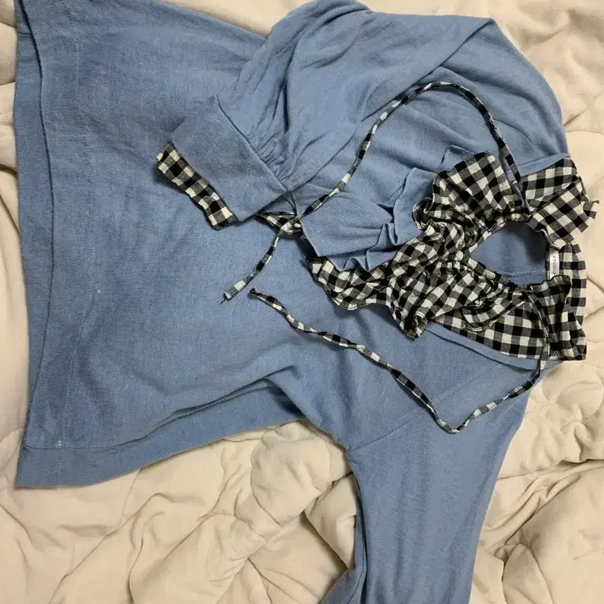 [BUNJANG] Mori Girl Check Frill Ribbon 7/10 Sleeve T-Shirt / 모리걸 프릴 체크 리본 블루 7부 티셔츠