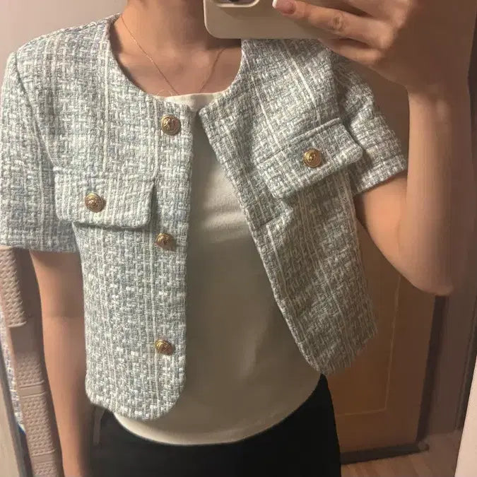 [BUNJANG] Short Sleeve Tweed Jacket Gold Button / 반팔 트위드 자켓 금장 버튼