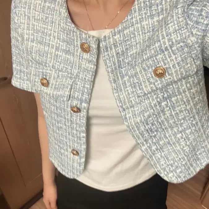 [BUNJANG] Short Sleeve Tweed Jacket Gold Button / 반팔 트위드 자켓 금장 버튼