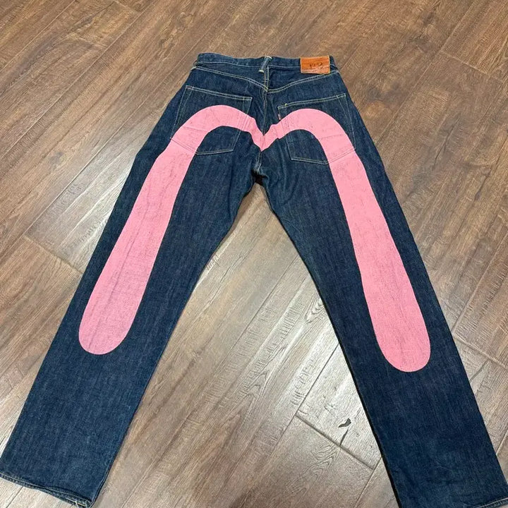 [BUNJANG] EVISU Pink Big Logo Selvedge Denim Pants / 에비수 핑크 빅로고 셀비지 데님