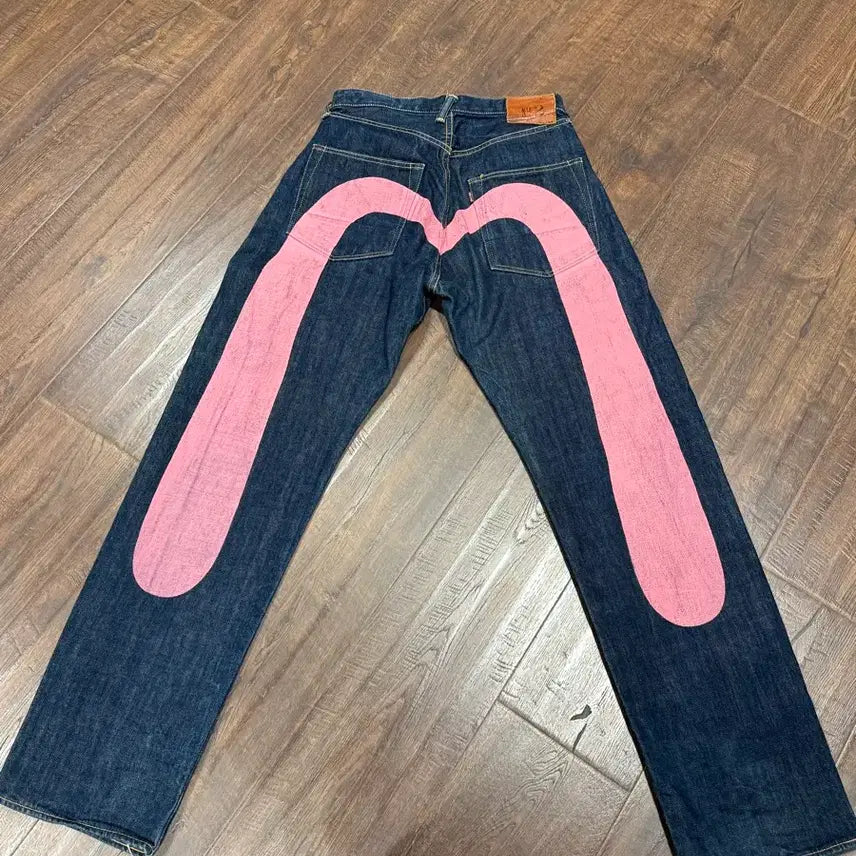 [BUNJANG] EVISU Pink Big Logo Selvedge Denim Pants / 에비수 핑크 빅로고 셀비지 데님