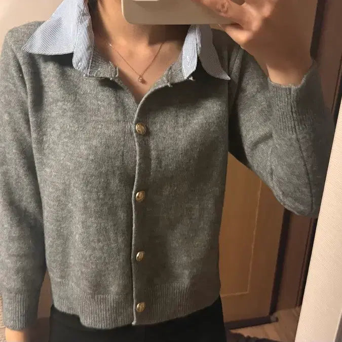 [BUNJANG] Gray Layered Cardigan Shirt Top / 그레이 셔츠 레이어드 가디건