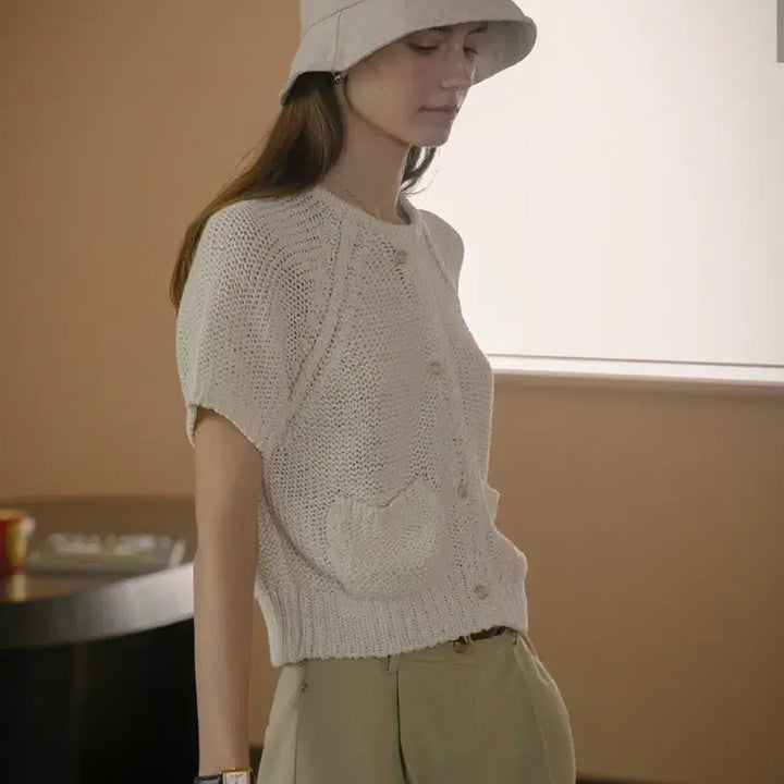 [BUNJANG] Knownbetter Half Sleeved Cardigan Light Beige / 노운베러 하프 슬리브드 가디건