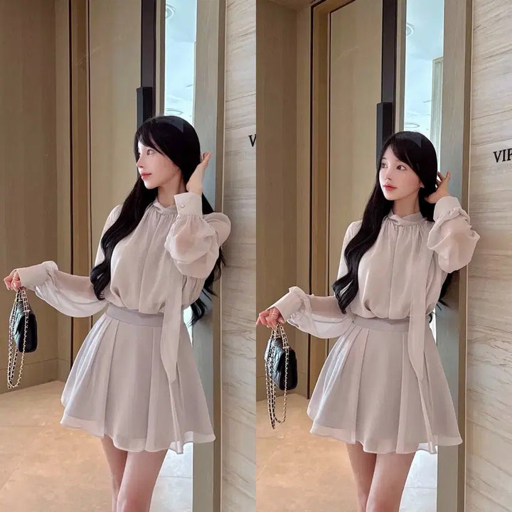 [BUNJANG] Mayyun Veil Silk Blouse and Mini Skirt Set with Jewel Strap (Size M) / 메이윤 베일 실크 블라우스 미니스커트 셋업 M 쥬얼스트랩