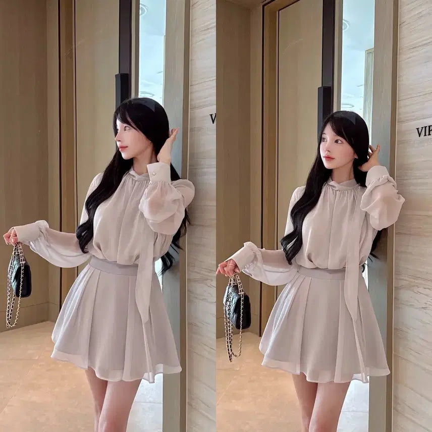 [BUNJANG] Mayyun Veil Silk Blouse and Mini Skirt Set with Jewel Strap (Size M) / 메이윤 베일 실크 블라우스 미니스커트 셋업 M 쥬얼스트랩
