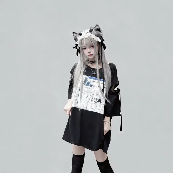 [BUNJANG] Anime Print Off-Shoulder T-Shirt / 서브컬처  애니메 프린트 오프숄더 티셔츠(2컬러)