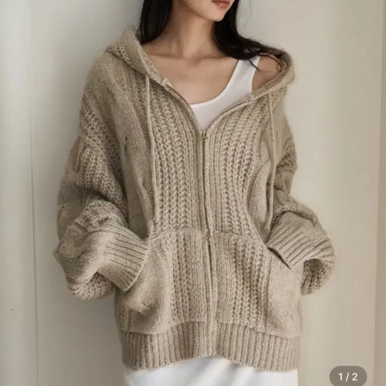 [BUNJANG] awit Cable Knit Hooded Zip-up Beige / awit 어윗 케이블 니트 후드 집업 베이지 미착용 새상품