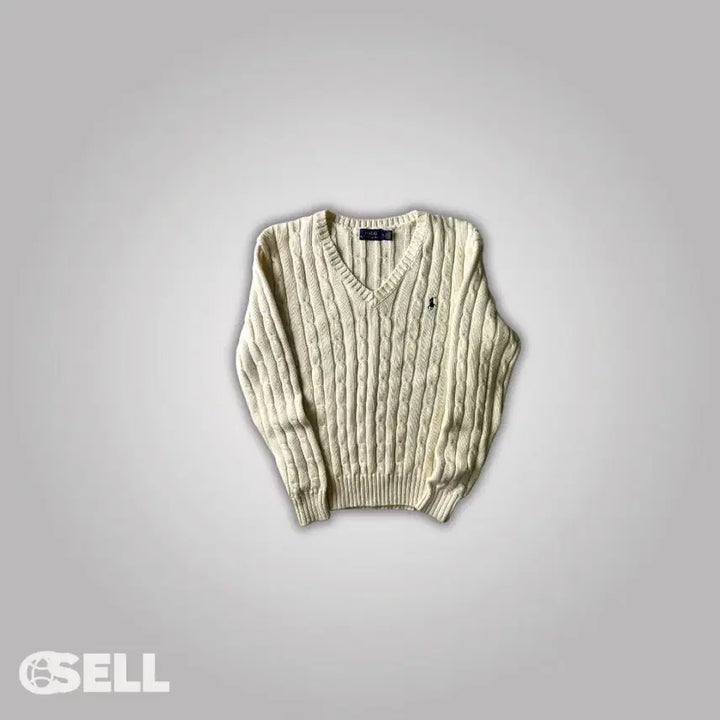 [BUNJANG] Polo Ivory Cable Knit V-Neck Sweater / 폴로 아이보리 꽈배기 브이넥 니트