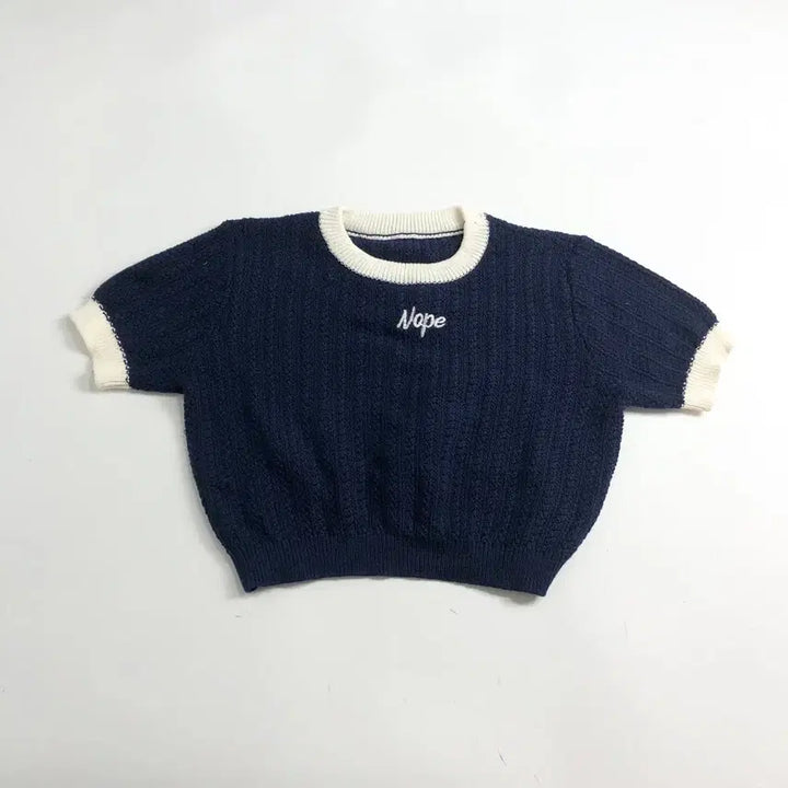 [BUNJANG] Navy Nope Embroidered Short-Sleeve Knit Top / 네이비 Nope 자수 반팔 니트티