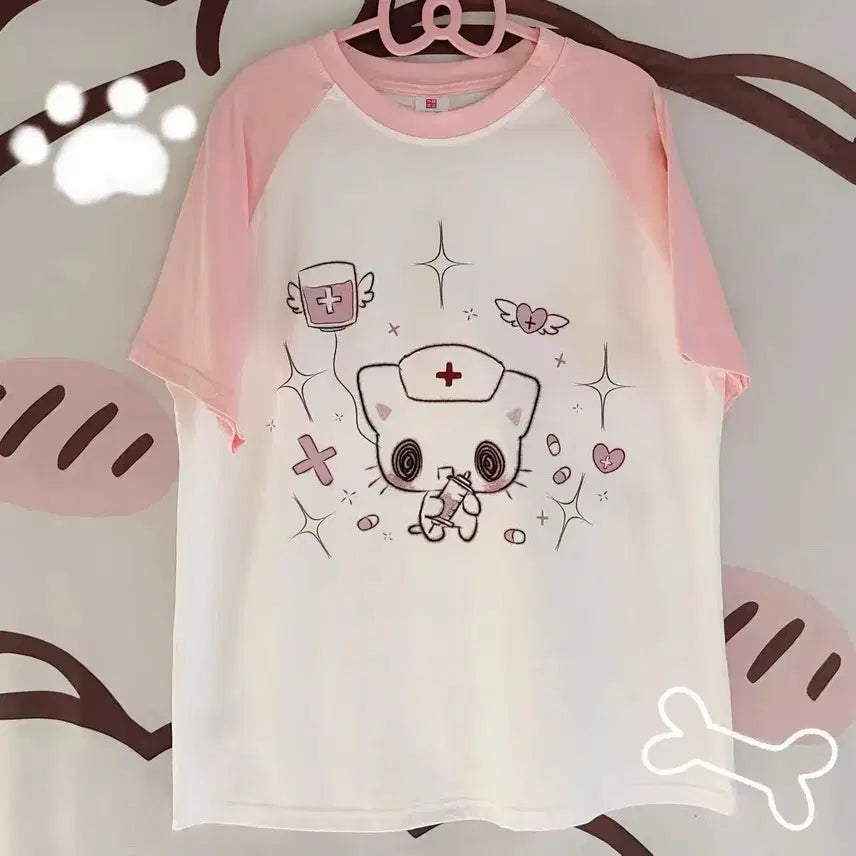 [BUNJANG] Cute Nurse Cat Print T-Shirt / 귀여운 간호고양이 프린트 티셔츠