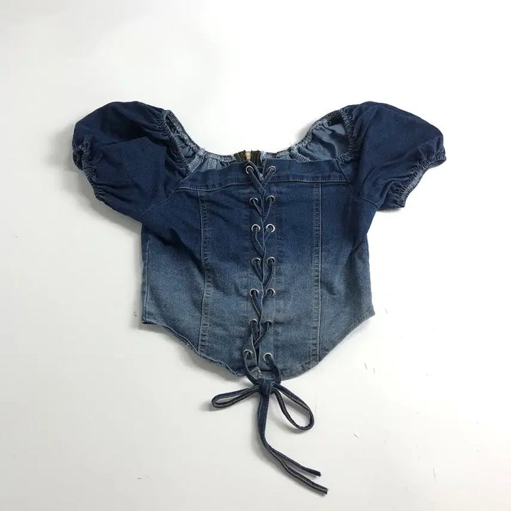 [BUNJANG] Denim Drawstring Puff Blouse / 데님 끈 조임 퍼프 블라우스