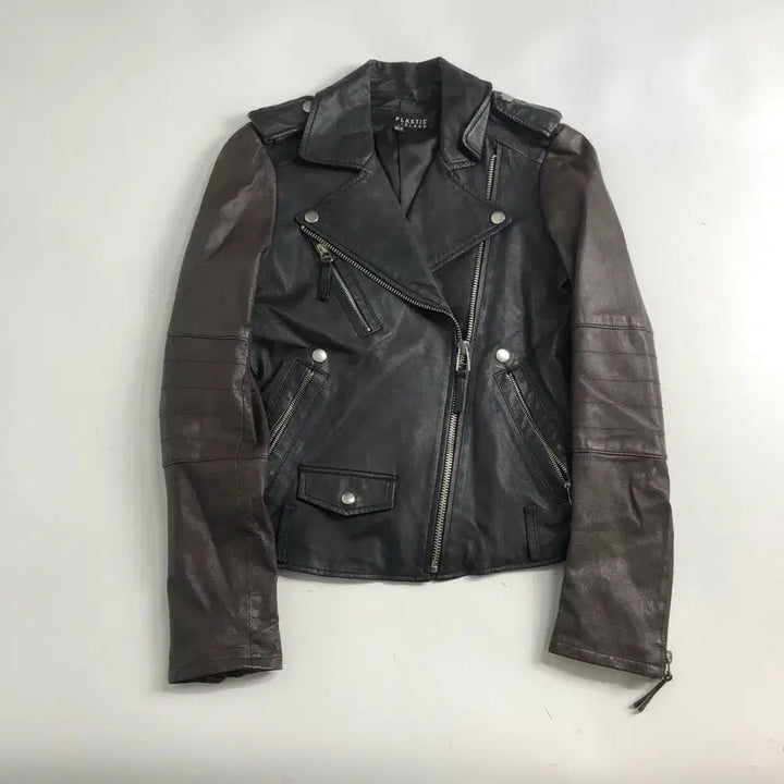 [BUNJANG] Plastic Island Color-Block Cowhide Rider Jacket / 플라스틱아일랜드 배색 소가죽 라이더 자켓