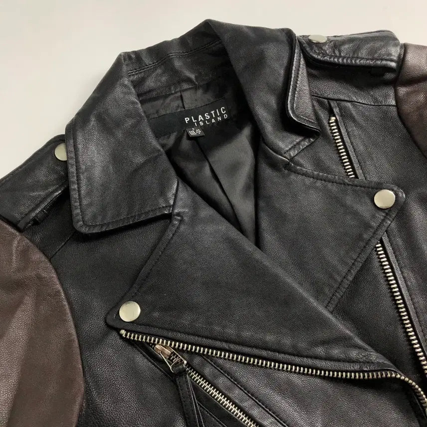 [BUNJANG] Plastic Island Color-Block Cowhide Rider Jacket / 플라스틱아일랜드 배색 소가죽 라이더 자켓