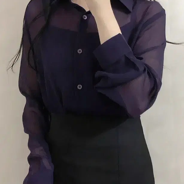 [BUNJANG] Somedays Purple See-Through Blouse + Black Skirt Set / 썸데이즈 퍼플 시스루 블라우스 + 블랙 스커트